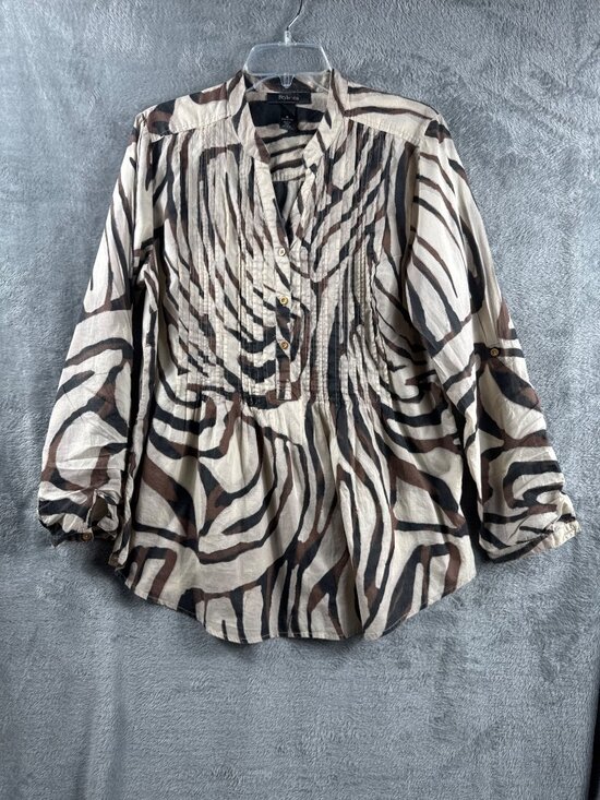 Style & Co Tops - Womens Style & Co Zebra Print Button-Front Blouse M 100% Cotton Brown/Beige 3/4